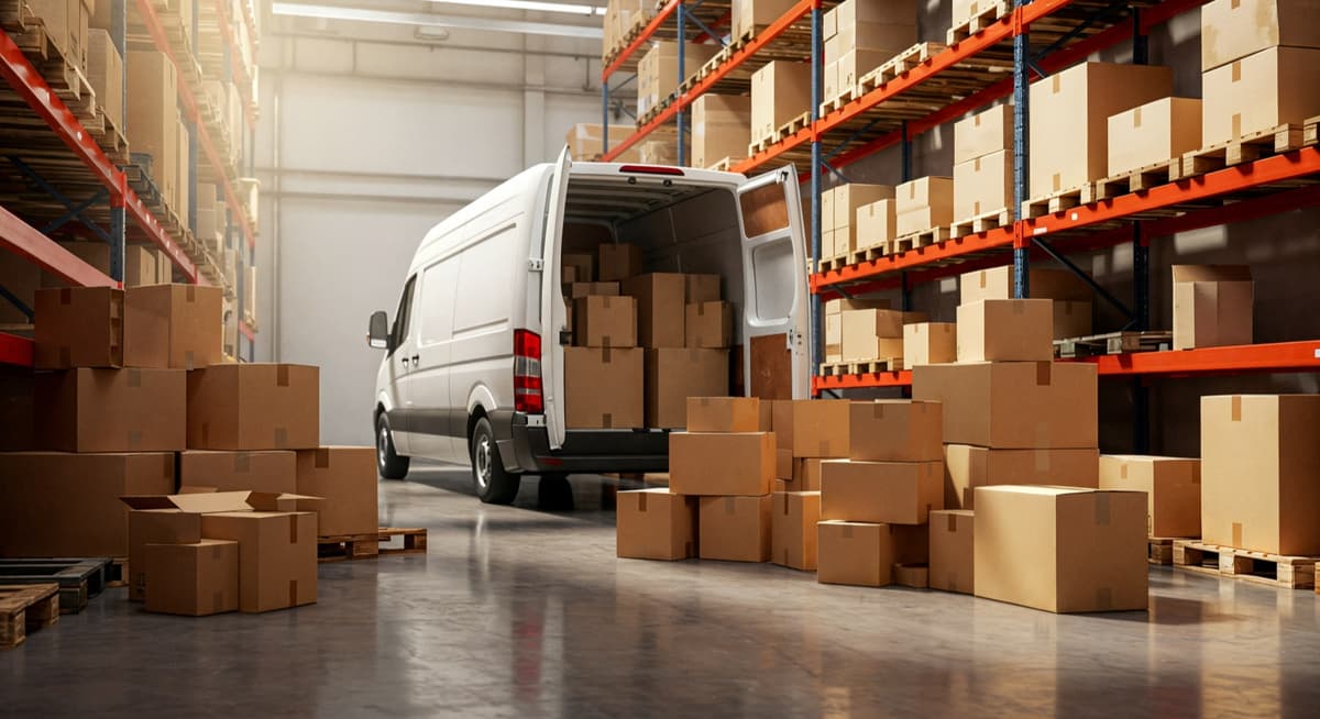 Bities van loading boxes at a warehouse