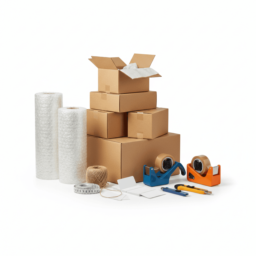 Boxes, bubble wrap rolls and packing tools laid out together
