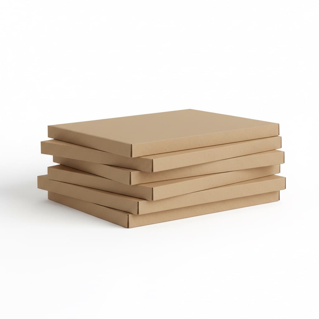A stack of flat kraft mailer boxes