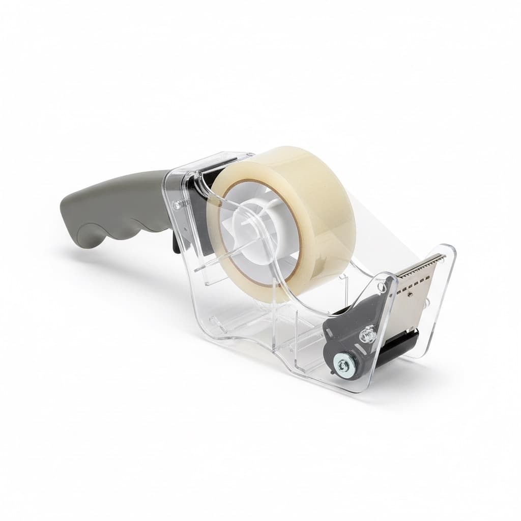 A handheld packing tape gun dispenser