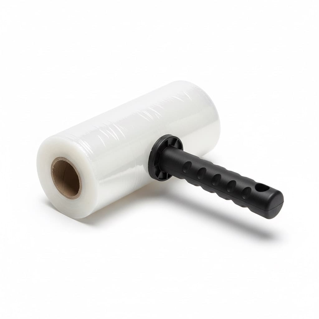A roll of stretch film on a handheld dispenser