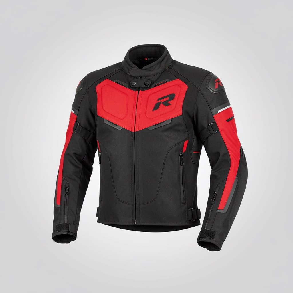 A red and black leather riding jacket
