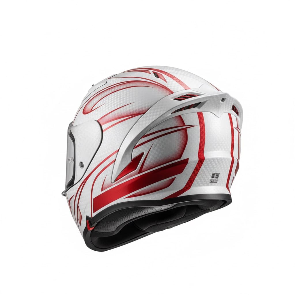 The same helmet from the rear three-quarter angle