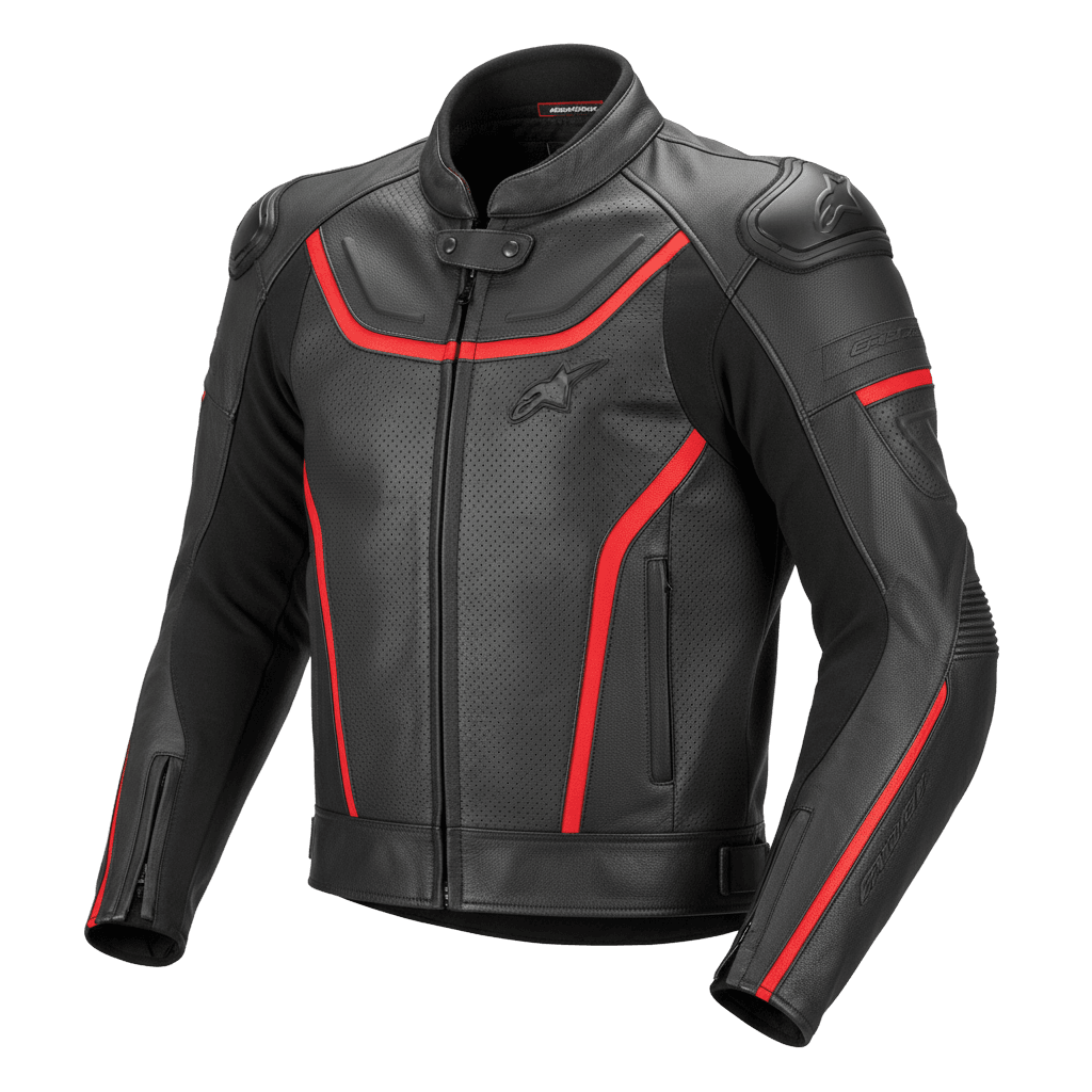 A black and red perforated leather riding jacket