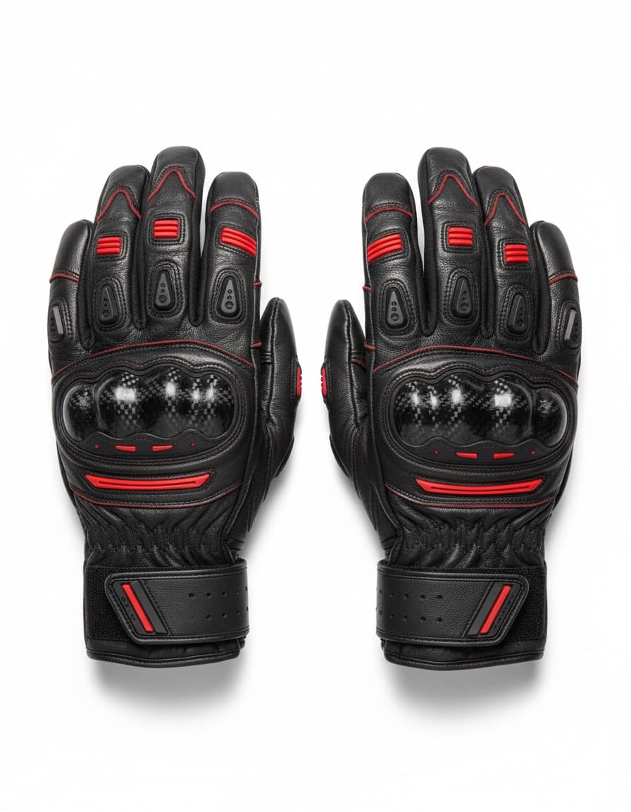 A pair of black armoured riding gloves with red stitching