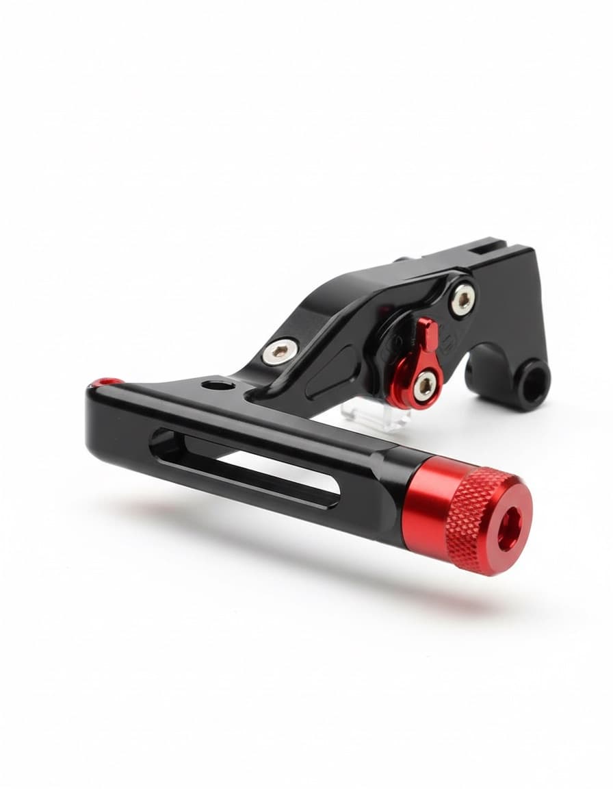 A black and red brake lever and clamp assembly