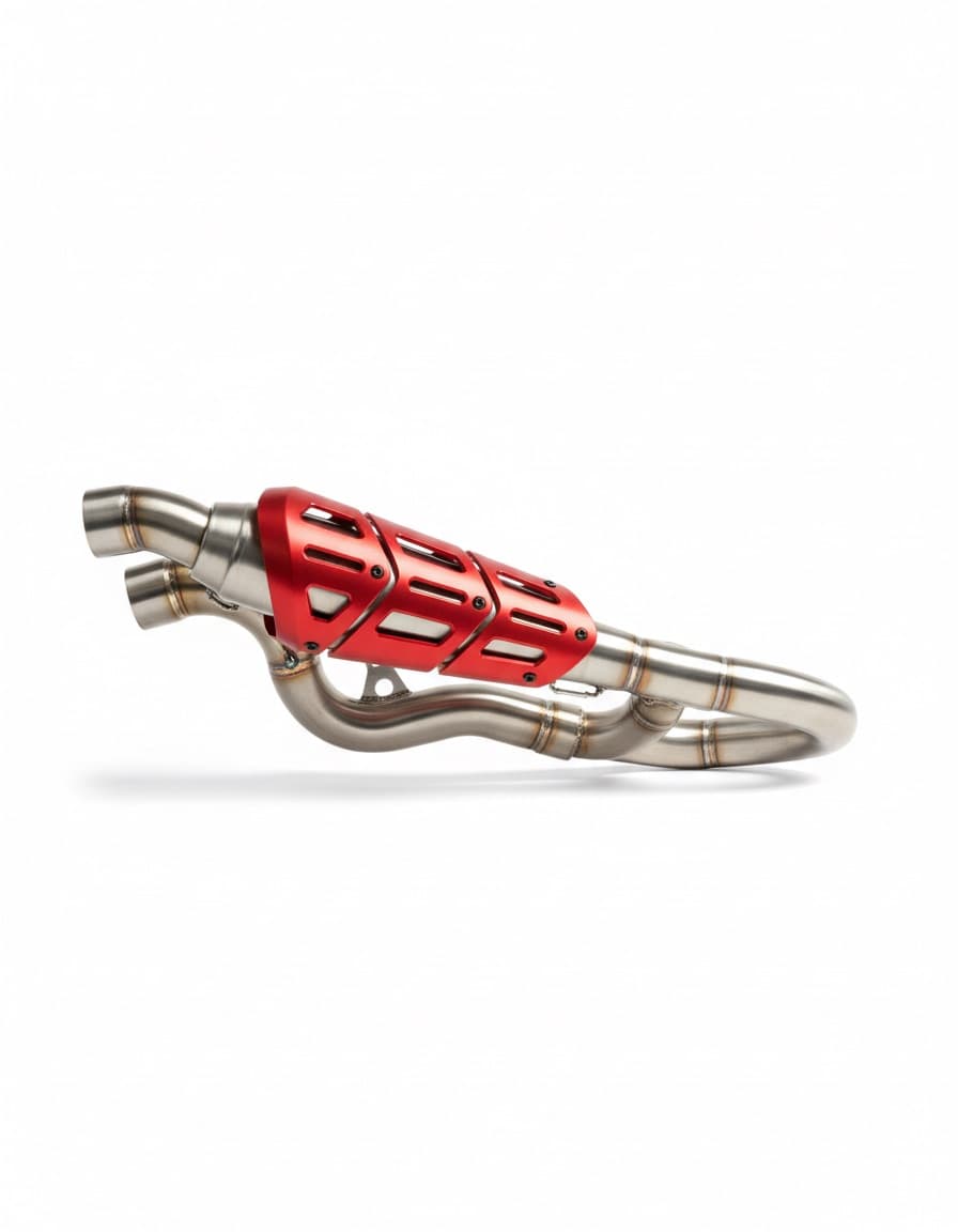 A stainless exhaust manifold with a red heat shield