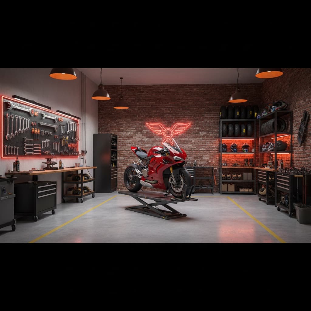 A motorbike workshop with tools and a bike on a lift